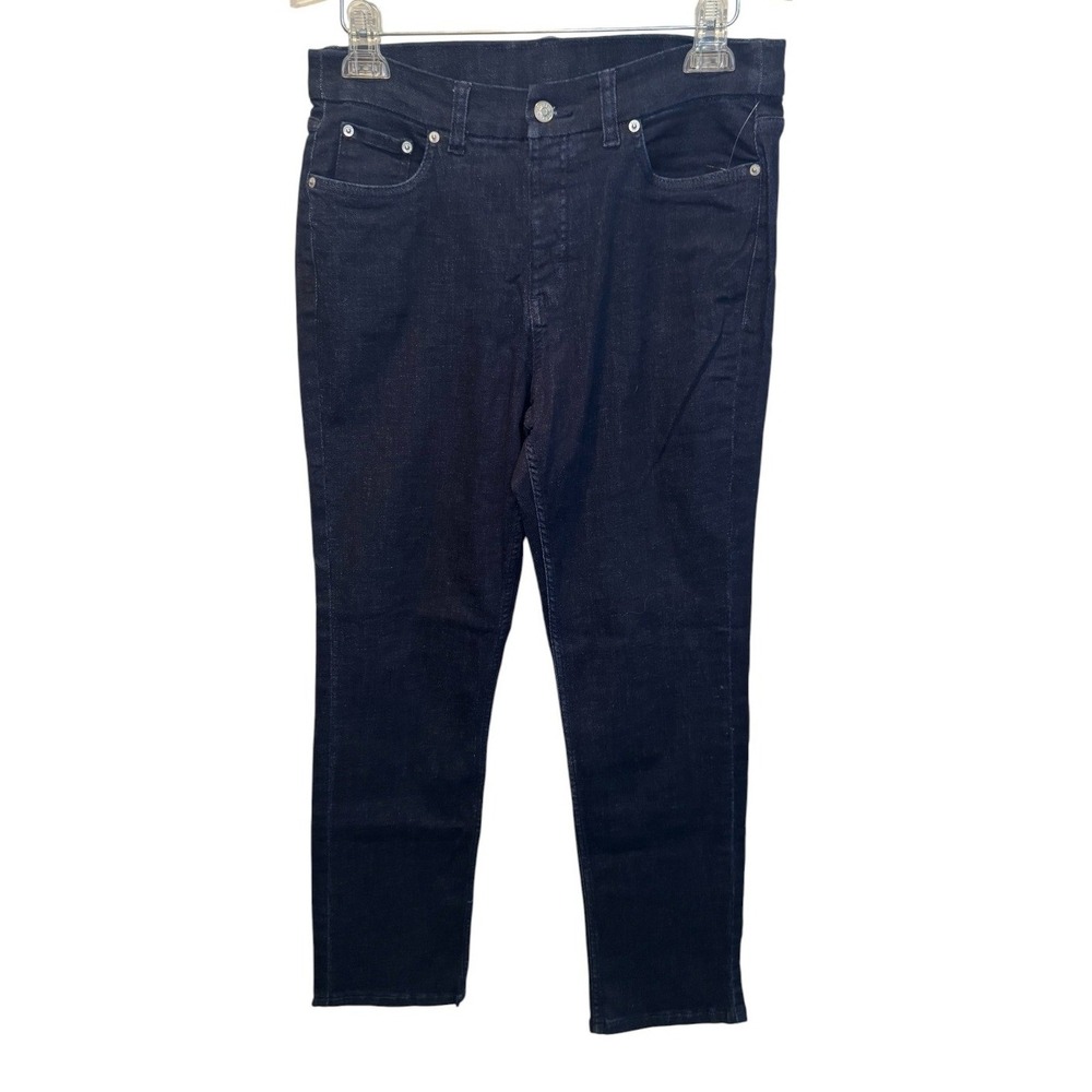 Denim & Co. Womens Dark Blue Straight Leg Stretch High Rise Pull on Jeans 12 NEW